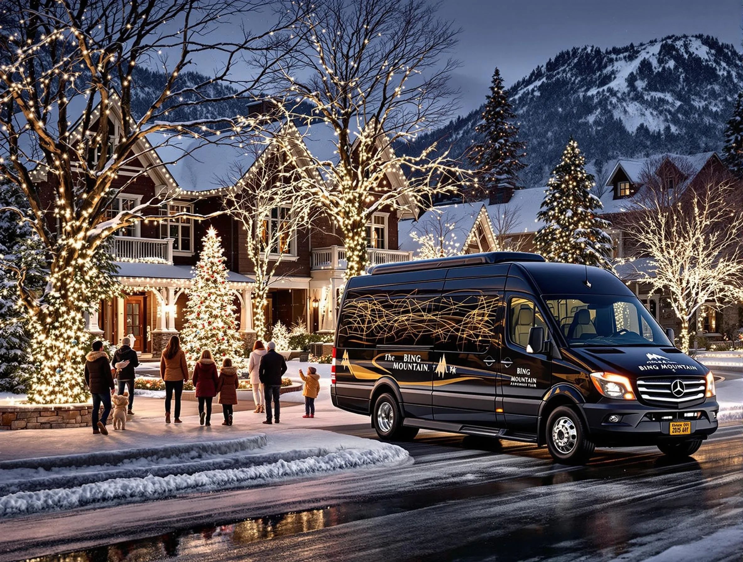 Clients viewing Christmas lights during the holiday season on an hourly charter with Bing Mountain