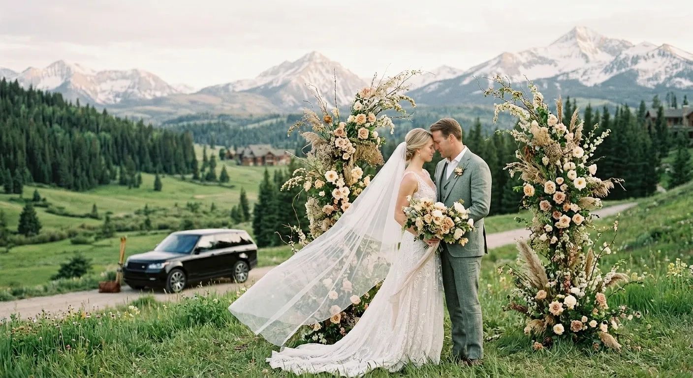 Happy couple celebrating their Big Sky wedding with Bing Mountain luxury transportation