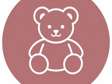 Simple teddy bear icon on a mauve circle background.