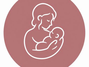 Outline of mother breastfeeding baby on a brown circle.