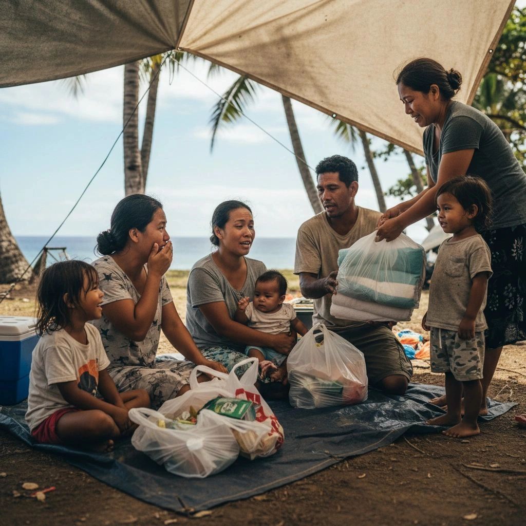 A family receives aid supplies under a tent by the beach.