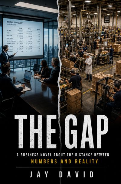 Book cover showing corporate meeting versus factory floor, titled 'The Gap' by Jay David.