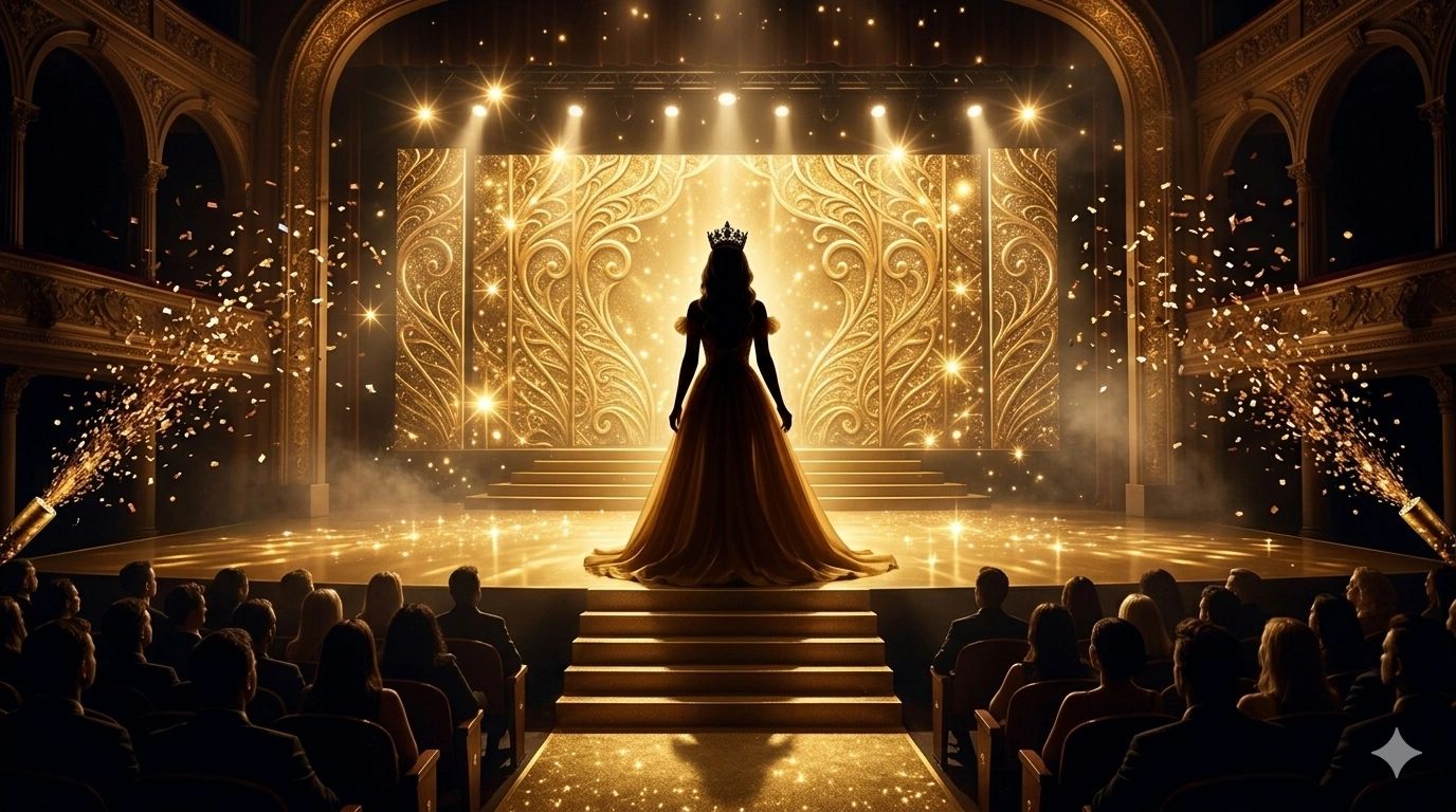 A crowned woman in a golden gown stands on a sparkling stage before an audience.