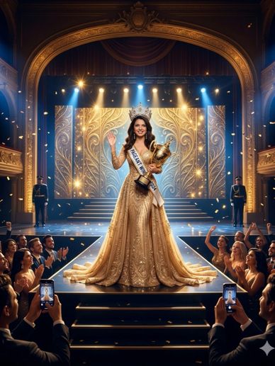 Beauty queen crowned on stage holding a trophy, applauded by an audience.