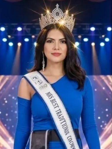 A crowned beauty queen wearing a blue dress and sash on stage.