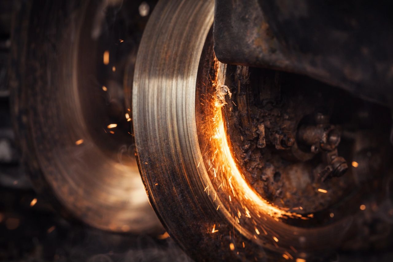 Image of brakes rubbing against metal, brakes on fire and being damaged