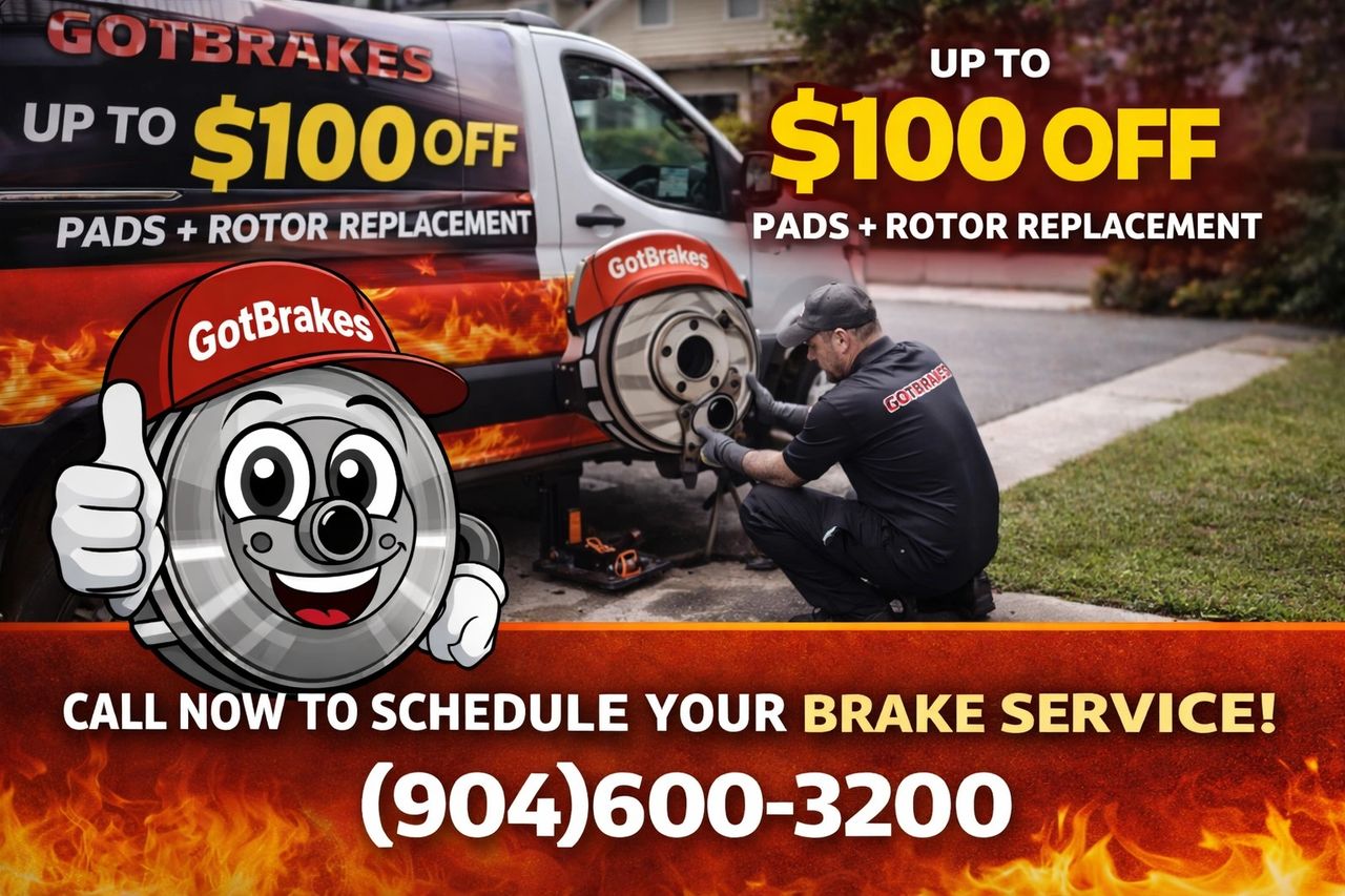 Coupon deal image showing brake tech fixing brakes and on screen coupon offering $100 off pads and rotors replacement