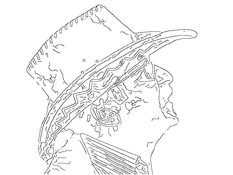 Line art of a person wearing a decorated top hat in profile view.