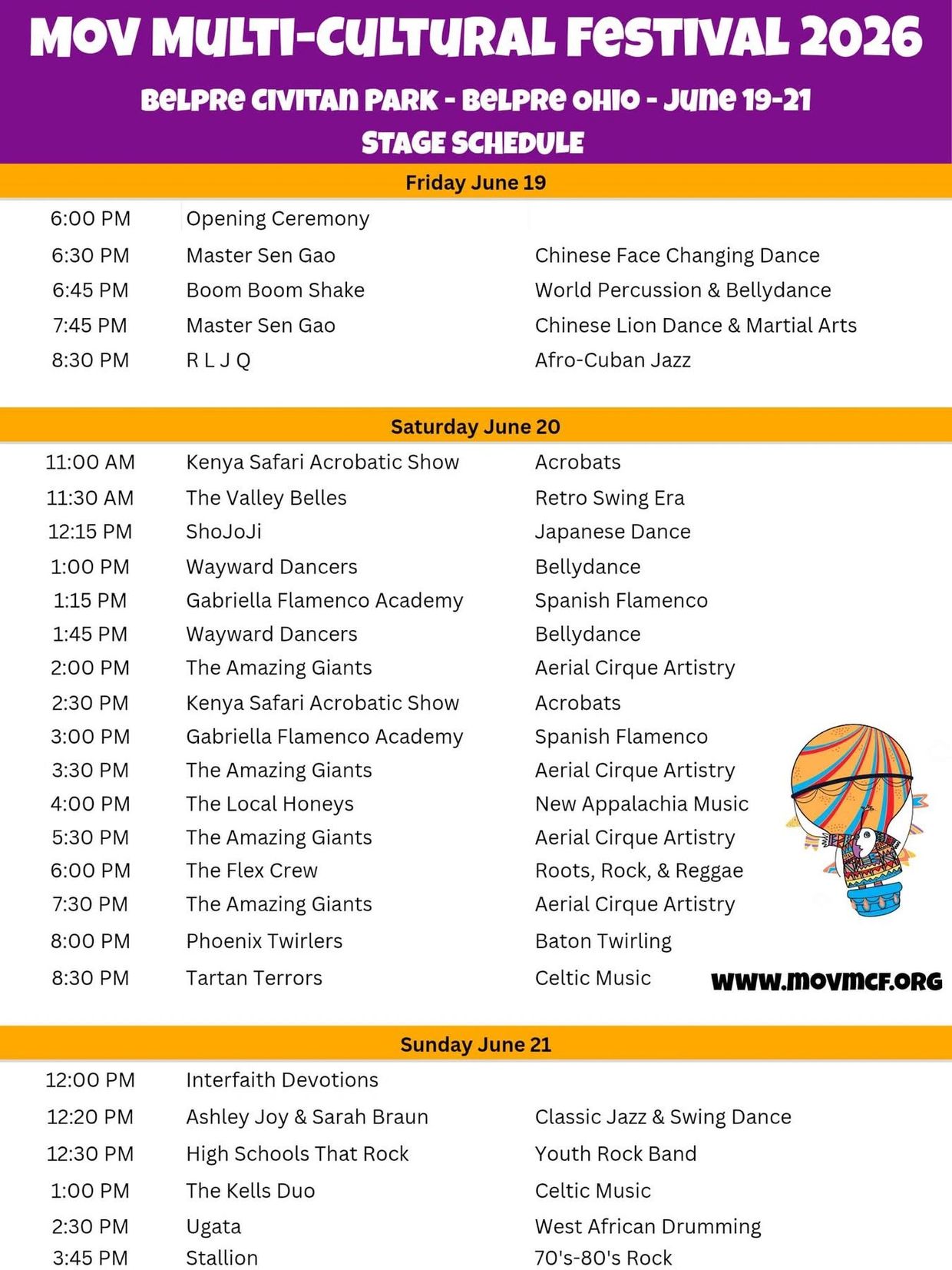 MOV Multi-Cultural Festival 2026 schedule with diverse performances from June 19-21 in Belpre, Ohio.