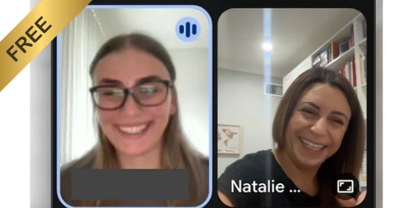 Two women smiling during a free video call in a split-screen interface.
