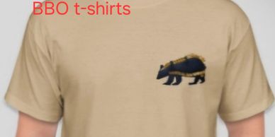 Beige t-shirt with a small bear graphic and red text 'BBO t-shirts' above.