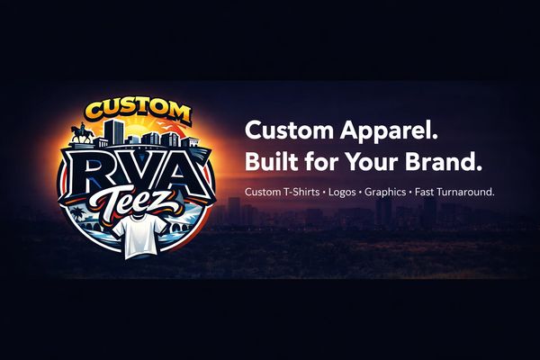 Custom RVA Teez logo promoting custom apparel for brands.