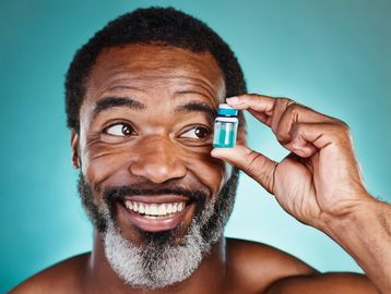 Middle aged man smiling brightly holding and staring happily at coal of botox