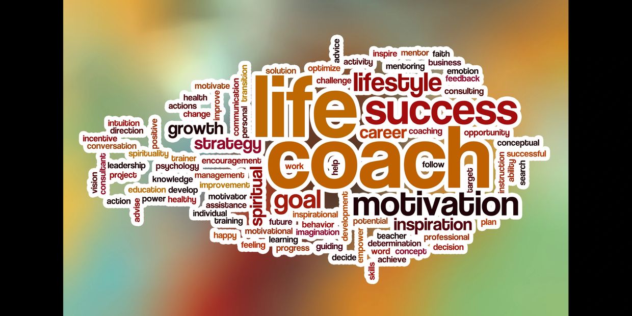 Life coaching word cloud highlighting motivation, success, lifestyle, and personal growth