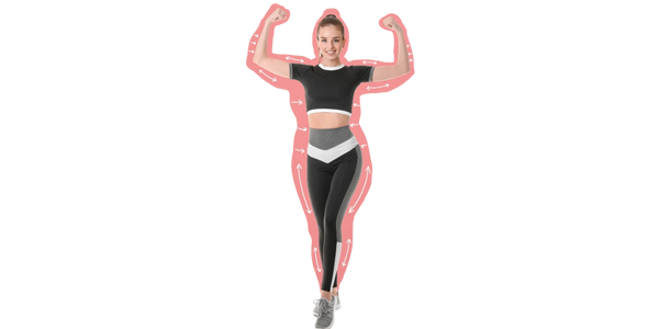 Fit woman flexing with body contour arrows representing fat loss and body transformation at CICO