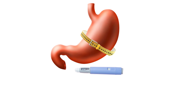 Stomach with measuring tape and injection pen representing medical weight loss and GLP-1 support