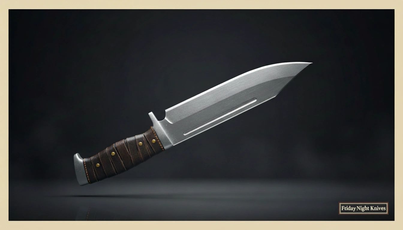 Bowie knife with Friday Night Knives in bottom right of rectangle