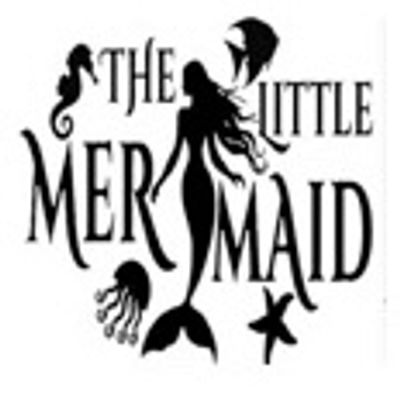 Silhouette of a mermaid with sea creatures and text 'The Little Mermaid'.
