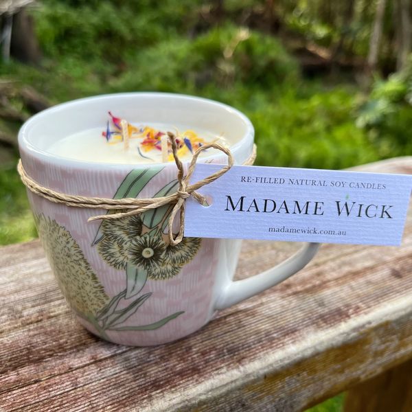 Refilled mug with natural soy wax. Repurposed mug.