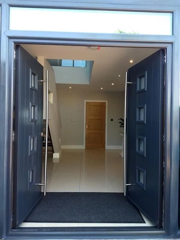 Anthracite Grey French Composite Doors with a Topbox and Long Bar Handles Supplied to Derbyshire