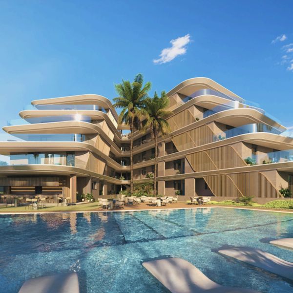 Modern luxury apartment complex with a large swimming pool and palm trees.