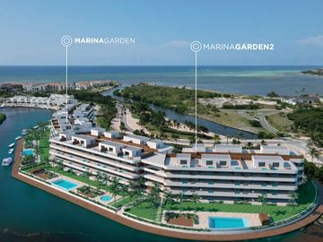 Aerial view of Marina Garden and Marina Garden 2 waterfront residential complexes.