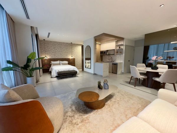 Modern open-concept studio apartment with cozy seating and elegant decor.