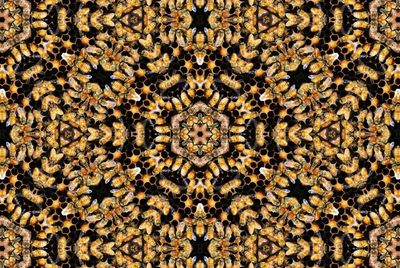 Intricate kaleidoscopic pattern of honeybees clustered densely.