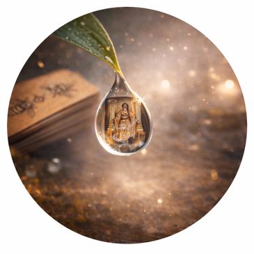 Water droplet on leaf reflects a detailed religious statue.