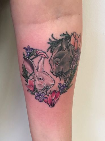 Cat and rabbit heart tattoo flowers rosemary queen bee 