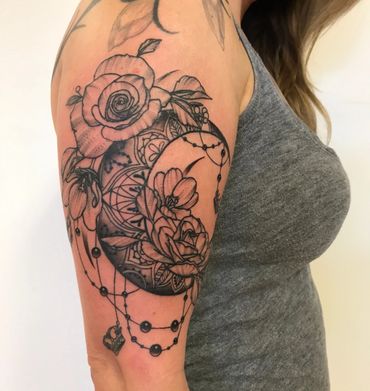 Illustrative moon and rose tattoo lace and beads and crown