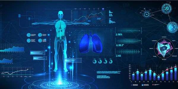 Digital human anatomy and lung health data visualized with futuristic charts and graphs.