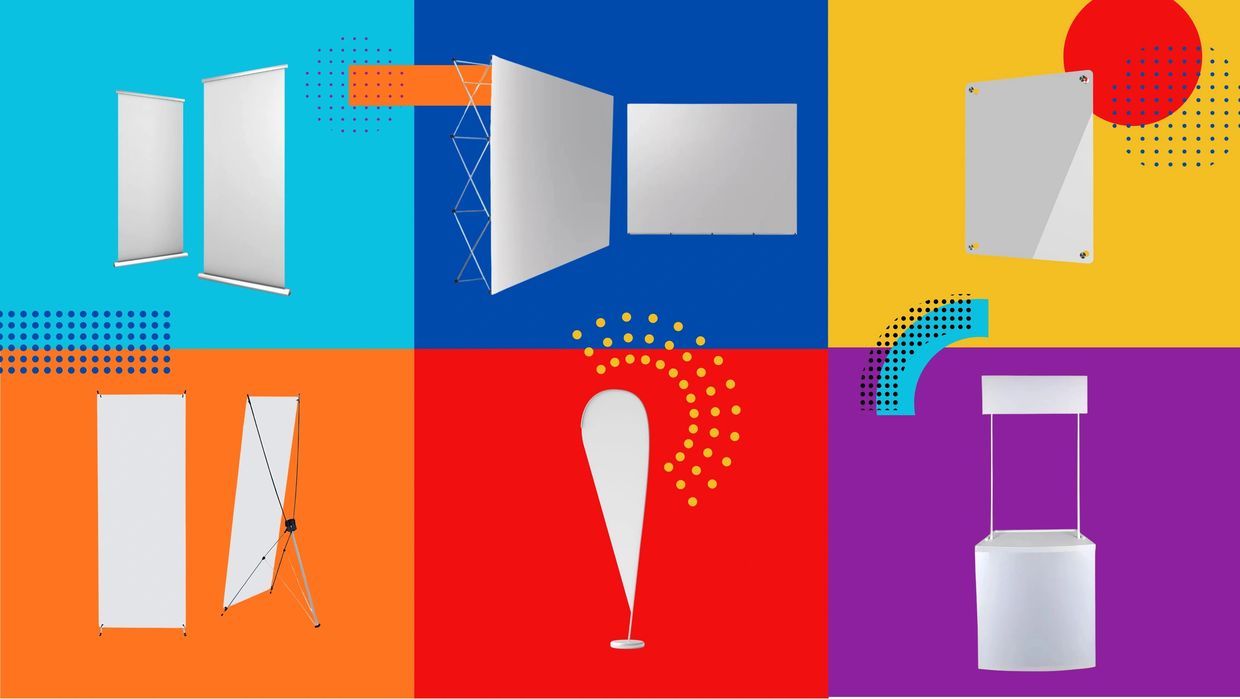Various blank advertising display stands on colorful backgrounds.