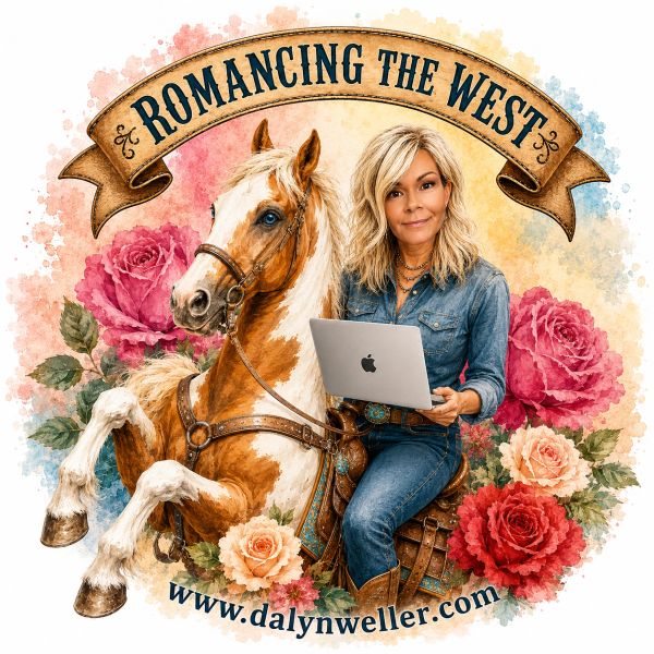 Woman with laptop on a horse surrounded by flowers.