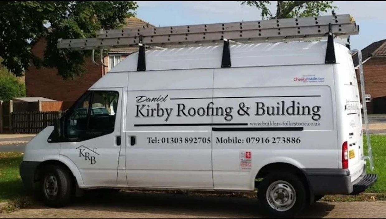 White van with Kirby Roofing & Building Hythe advertisement and ladder on top.
Fibreglass flat roof 