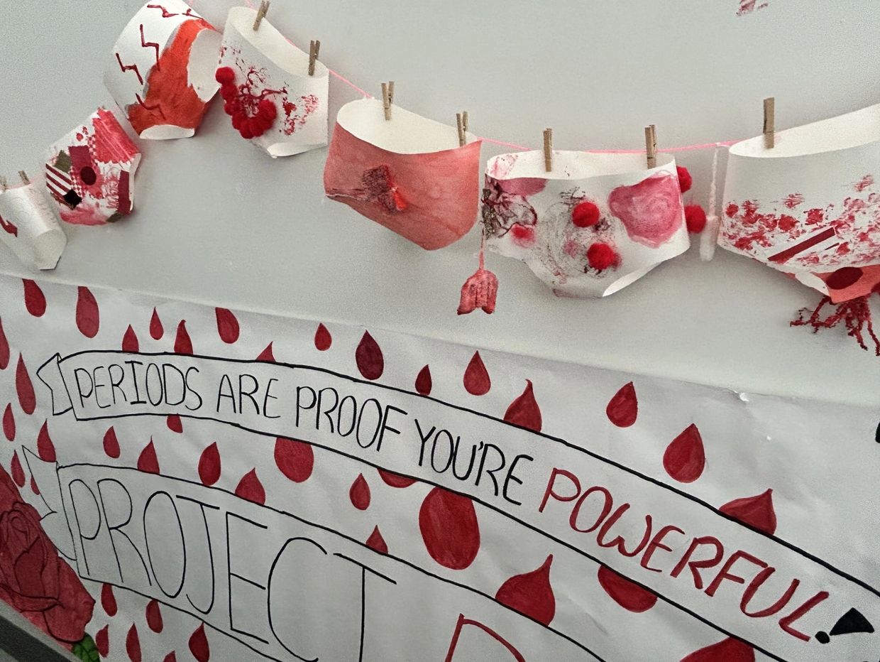 a display of watercolour underwear cutouts, painted in red, sparkles, pomp-poms, and period products