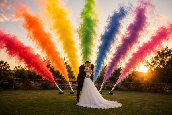 Pareja de recién casados besándose frente a humo de colores.