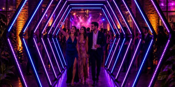 Tres personas disfrutando una fiesta con luces led moradas.