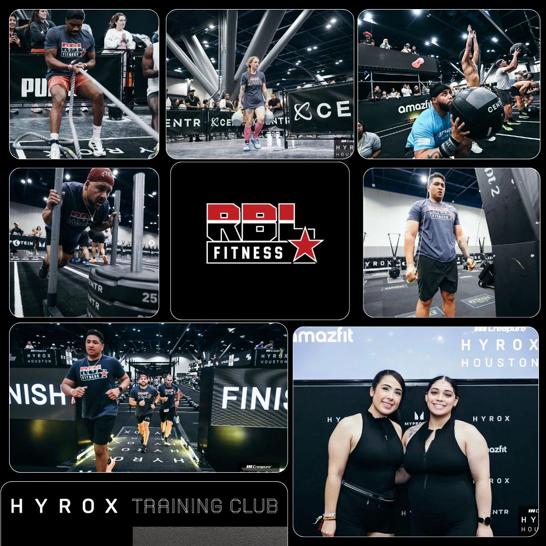 Collage of intense fitness training and smiling participants at RBL Fitness and HYROX Houston.