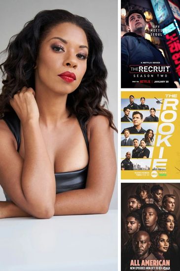 Portrait of a confident woman next to promotional posters for popular TV series.