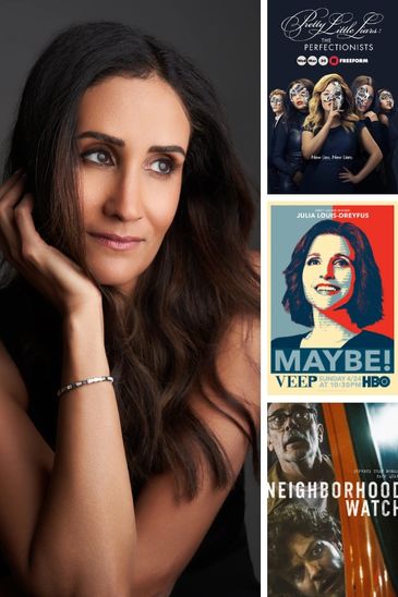 Portrait of a woman alongside TV show posters.