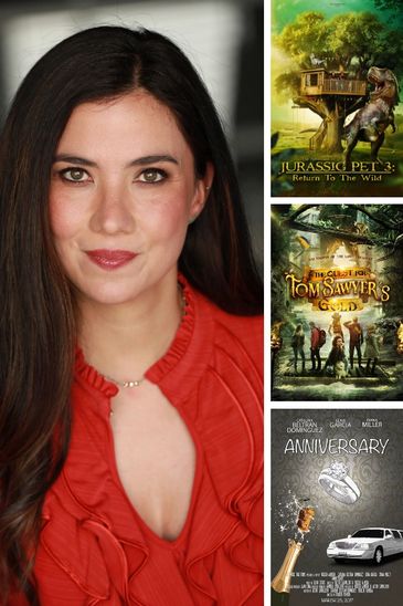 Portrait of a woman next to three movie posters.