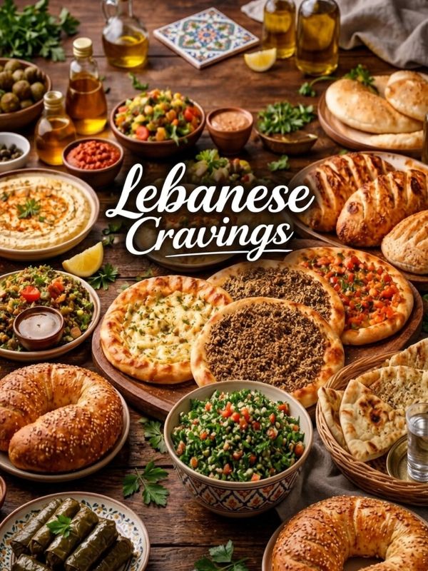 A vibrant spread of Lebanese dishes with fresh herbs and breads.