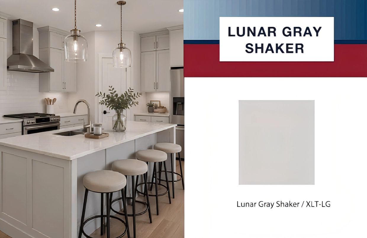 Modern kitchen with Lunar Gray Shaker cabinets and island.
