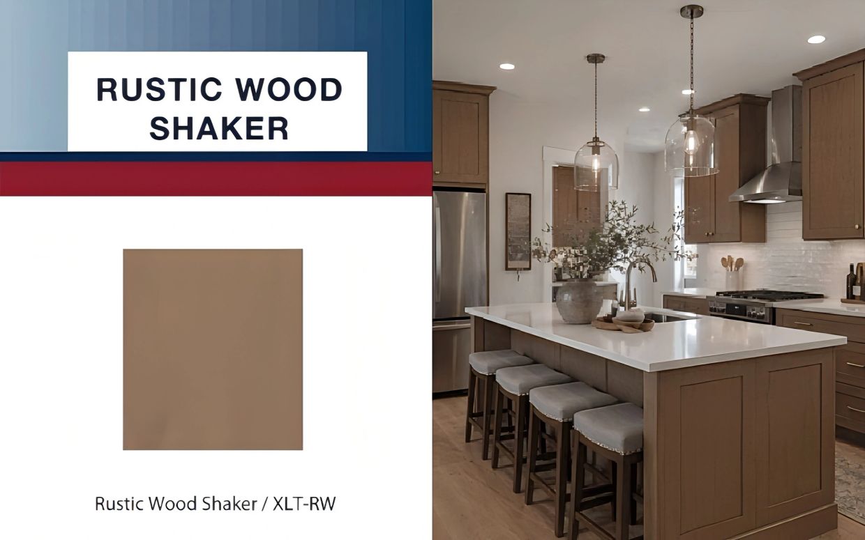 Modern kitchen with rustic wood shaker cabinets and island.