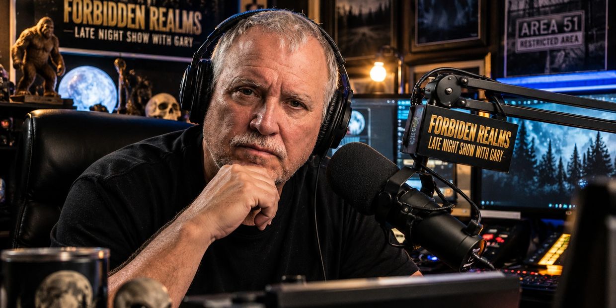 Man recording a podcast in a studio with mystical decor.