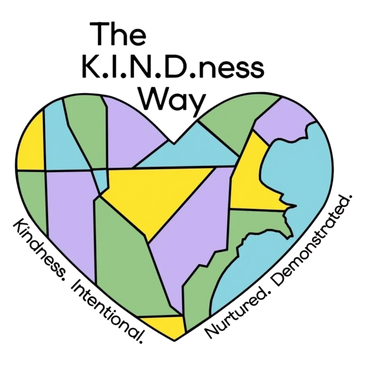Heart-shaped design with colorful geometric patterns and kindness message.