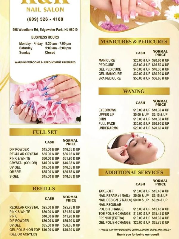 K&K Nail Salon price list for manicures, pedicures, waxing, full sets, refills, and additional services.