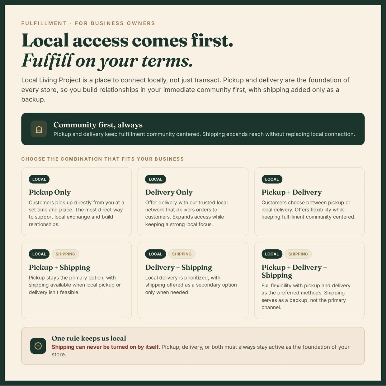 Local access priority for business fulfillment with flexible pickup, delivery, and shipping options.