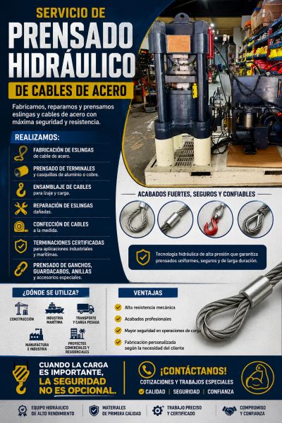 Servicio de prensado hidráulico para cables de acero con alta seguridad y resistencia.